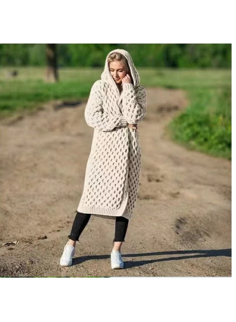 Loquat Autumn And Winter Warm New Solid Color Women's Long Knit Hooded Cardigan Coat