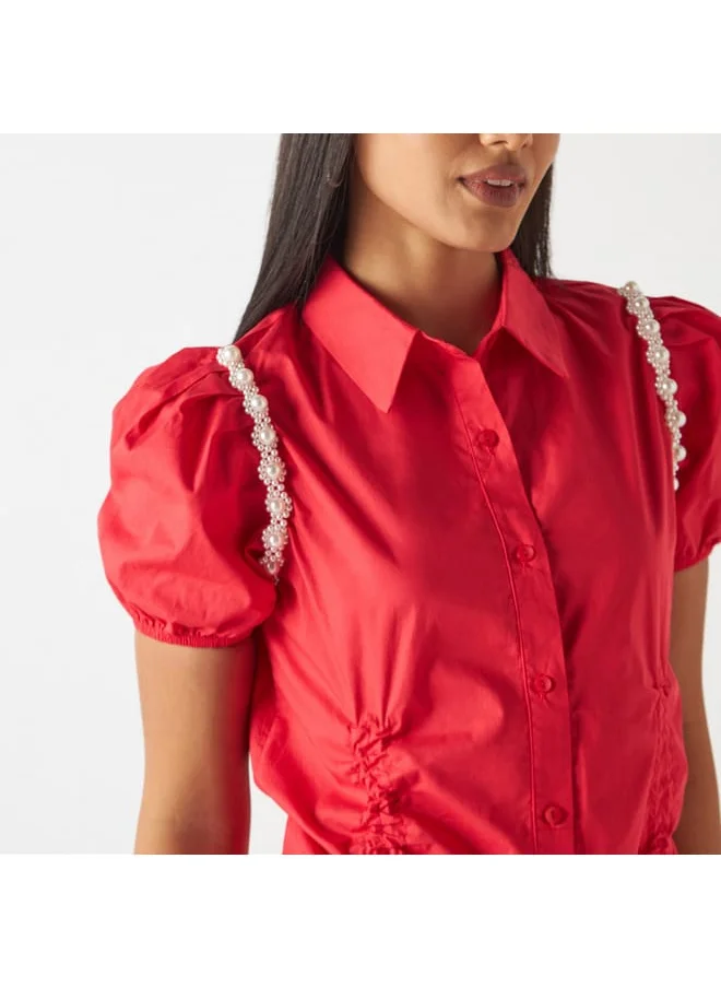2Xtremz 2Xtremz Pearl Embellished Top with Puff Sleeves and Gathered Detail
