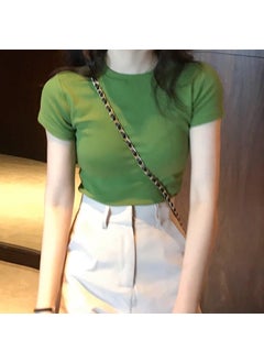 Slim Fit Pure Color Short Sleeve T-shirt Women Summer Top Trendy Korean Style Polyester Fabric Splicing Design Avocado green
