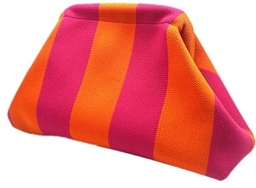 DIHKLCIO Clutch Purses for Women Summer Beach Woven Crochet Handbag Dumpling Striped Ruched Cloud Purse colorblock Evening Bag orange purple streak - Image 1