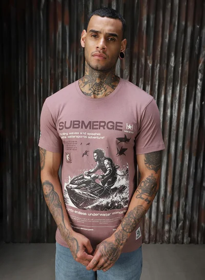 هاي ستار Men's Mauve 100% Cotton Printed T-Shirt