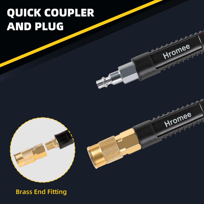 Hromee Hybrid Lead-in Air Hose 3/8 Inch x 6FT with 1/4"NPT Quick Coupler and Plug 300PSI Yellow Whip Compressor Hose Short - Image 3