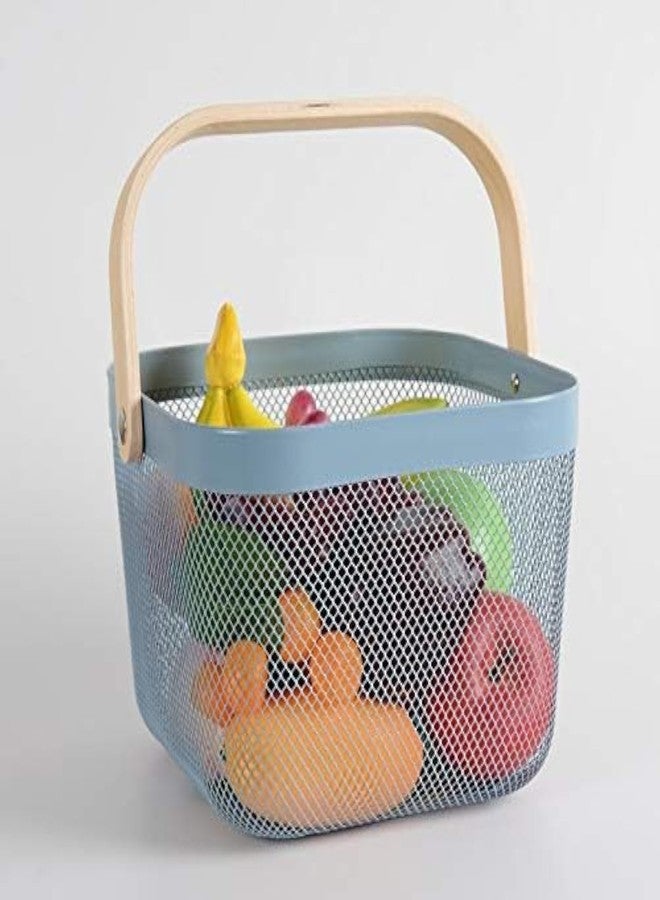 JUVIW Mesh Steel Storage Organizer Basket, Multi-Functional Metal Wire Hanging Kitchen Baskets Fruit Basket with Bamboo Handle Ideal for Kitchen, Bathroom, Pantry, Cabinet Home, Shopping, Blue - Image 1