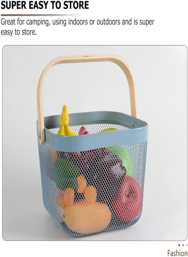 JUVIW Mesh Steel Storage Organizer Basket, Multi-Functional Metal Wire Hanging Kitchen Baskets Fruit Basket with Bamboo Handle Ideal for Kitchen, Bathroom, Pantry, Cabinet Home, Shopping, Blue - Image 4