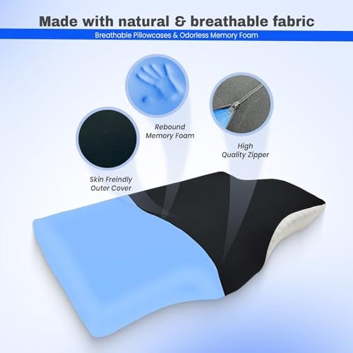 Sleepsia Memory Foam Pillow | 1 Year Warranty | Cervical Pillow for Neck Pain, Pillow for Neck Pain, Orthopedic Pillow with Extra Curve Neck Support for Sleeping Side & Back Sleepers (Black/White) Gel - Image 4