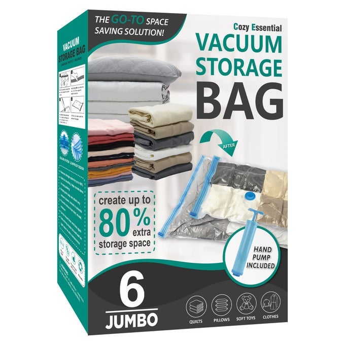 6 JUMBO VACUUM STORAGE BAGS SPACE SAVER BAGS COMPRESSION STORAGE BAGS FOR COMFORTERS AND BLANKETS VACUUM SEALER BAGS FOR CLOTHES STORAGE HAND PUMP INCLUDED