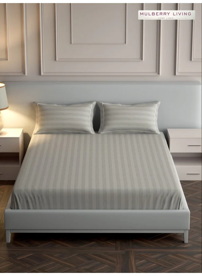 MULBERRY LIVING 100% Cotton - 300Tc Elysian Stripes Queen Size (160X200 Cms) Fitted Bedsheet With 2 Pillow Covers (50X75 Cm) - Silver Grey