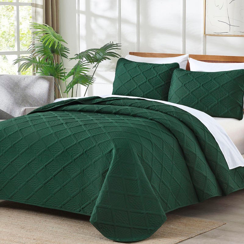 Yiran Quilts King Size, Emerald Green Spring Summer Bedspread Bedding Set, 3 Pieces Diamond Pattern Thin Lightweight Coverlet with 2 Pillow Shams for All Season 106x96 Inch - Image 2