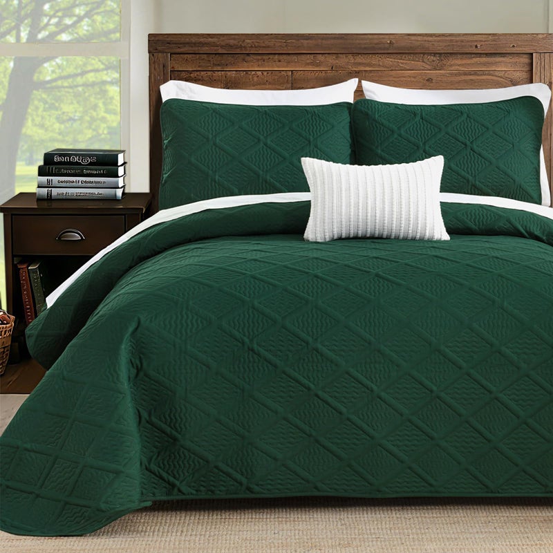Yiran Quilts King Size, Emerald Green Spring Summer Bedspread Bedding Set, 3 Pieces Diamond Pattern Thin Lightweight Coverlet with 2 Pillow Shams for All Season 106x96 Inch - Image 1