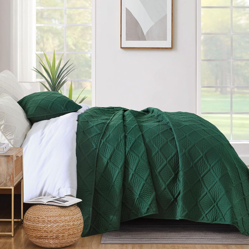 Yiran Quilts King Size, Emerald Green Spring Summer Bedspread Bedding Set, 3 Pieces Diamond Pattern Thin Lightweight Coverlet with 2 Pillow Shams for All Season 106x96 Inch - Image 4