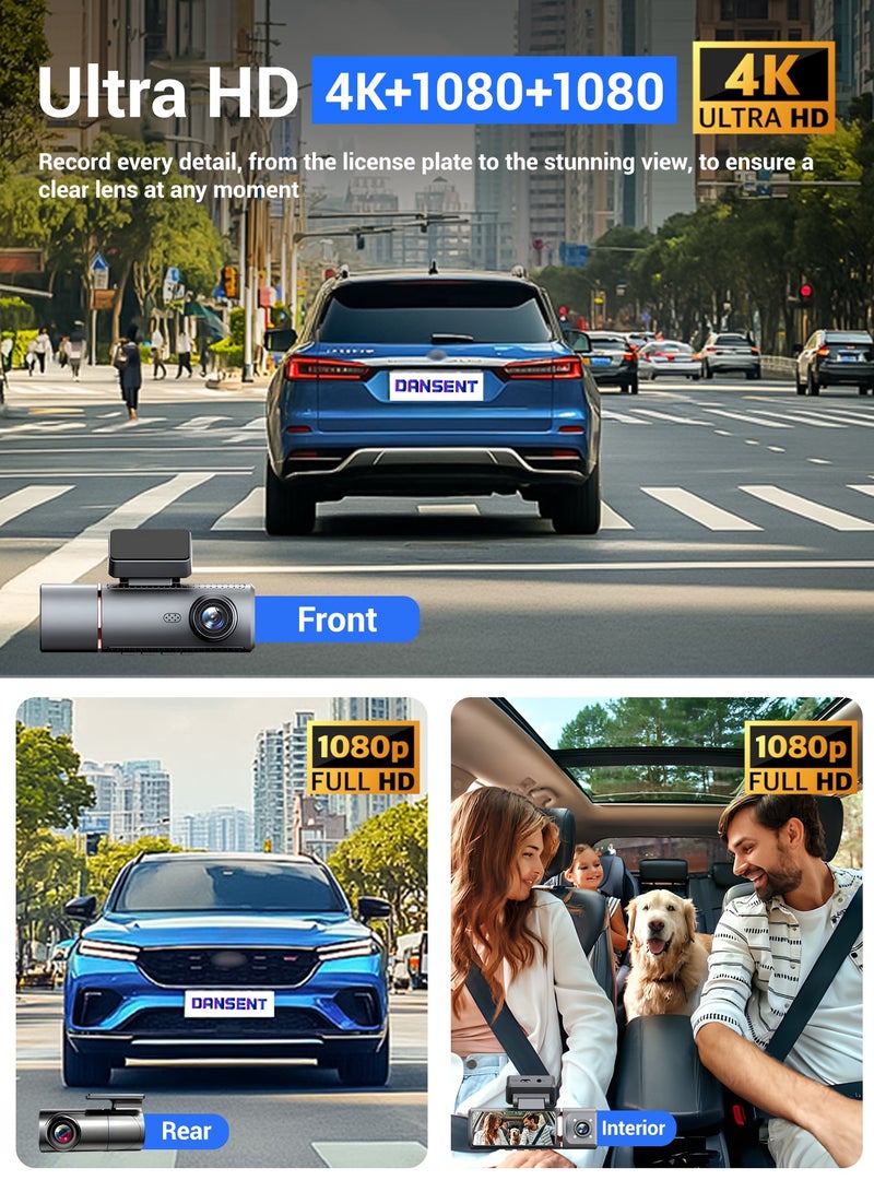 دانسينت كاميرا 4K Dash Cam Ultra HD 3Inch IPS 1080p داخلية وخلفية للسيارة مزودة بكاميرا طريق داخلية وخلفية للسيارة مع بطاقة 32GB GPS للرؤية الليلية G-Sensor ADAS Wi-Fi للتحكم في تطبيق ADAS Wi-Fi 24H مراقبة وقوف السيارات مسجل فيديو - Image 3