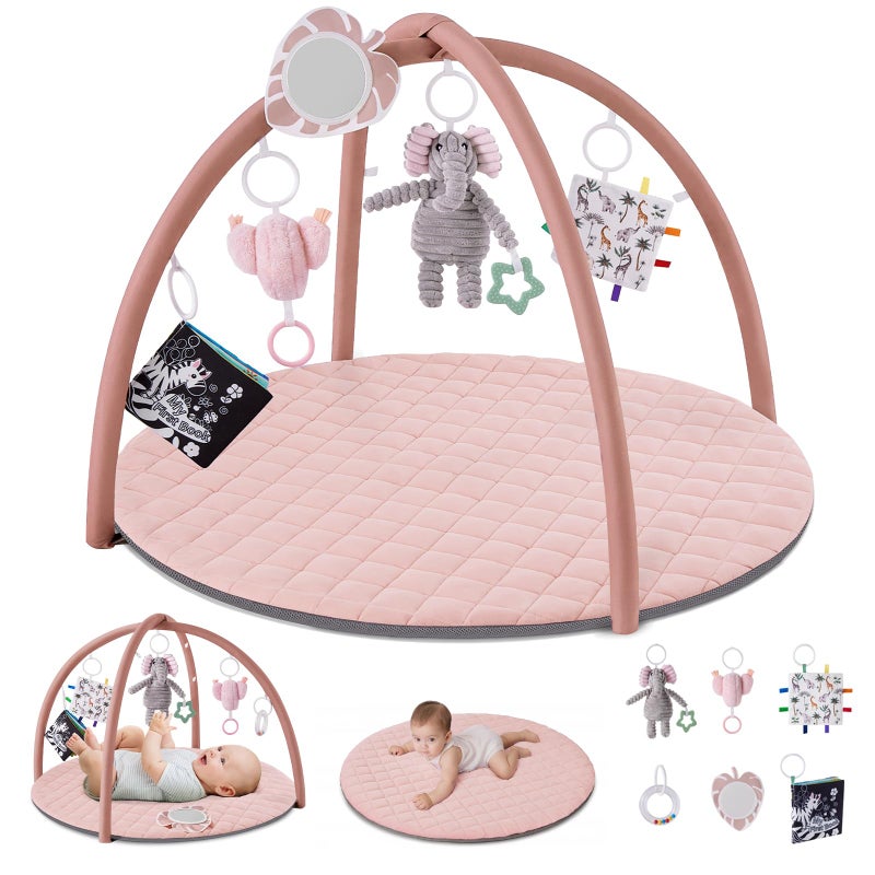 Blissful Diary Baby Play Gym Mat, Tummy Time Activity Mat with 6 Detachable Toys for Skill Development, Baby Essentials Gift, Soft Pink - Image 1
