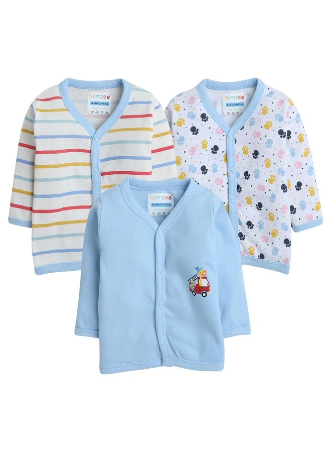 BUMZEE Blue & White Girls Full Sleeves Regular Fit Jablas Pack of 3 Age - 6-9 Months (Peb8281D-Blu.Wht), Multi - Image 1