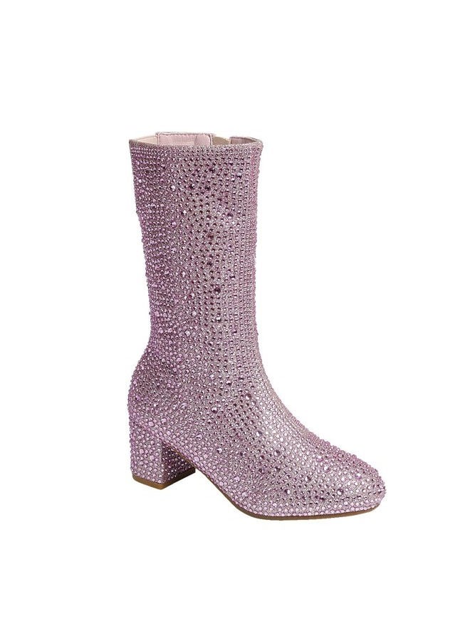 Girl's Rhinestone Round Toe Knee High Chunky Low Heel Boot, Pink, 9 Toddler