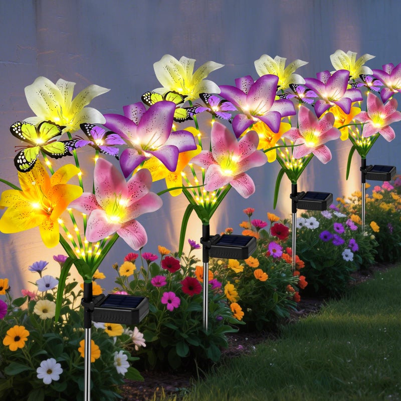 ostritec Solar Garden Lights Outdoor, 4 Pack Flower Lights for Outside, 16 Solar Lilies with Butterflies, Waterproof Garden Decor for Yard, Patio, Gifts for Women Mom (4 pcs Lilies) - Image 1
