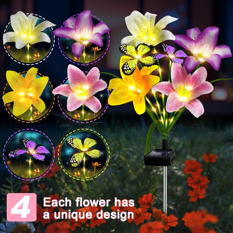 ostritec Solar Garden Lights Outdoor, 4 Pack Flower Lights for Outside, 16 Solar Lilies with Butterflies, Waterproof Garden Decor for Yard, Patio, Gifts for Women Mom (4 pcs Lilies) - Image 4