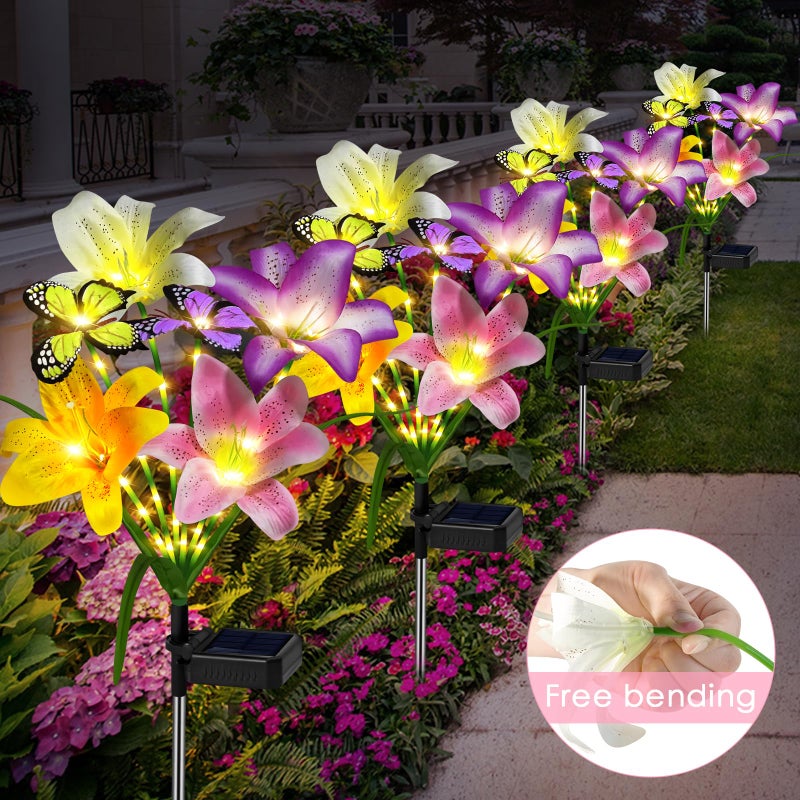 ostritec Solar Garden Lights Outdoor, 4 Pack Flower Lights for Outside, 16 Solar Lilies with Butterflies, Waterproof Garden Decor for Yard, Patio, Gifts for Women Mom (4 pcs Lilies) - Image 2
