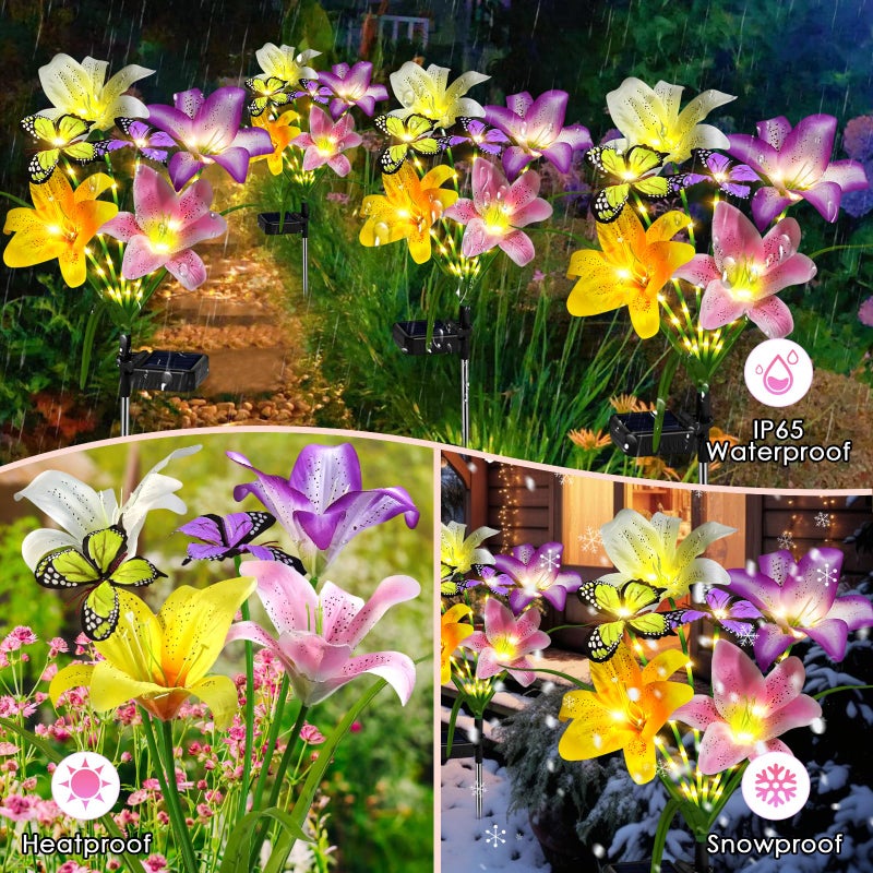 ostritec Solar Garden Lights Outdoor, 4 Pack Flower Lights for Outside, 16 Solar Lilies with Butterflies, Waterproof Garden Decor for Yard, Patio, Gifts for Women Mom (4 pcs Lilies) - Image 3