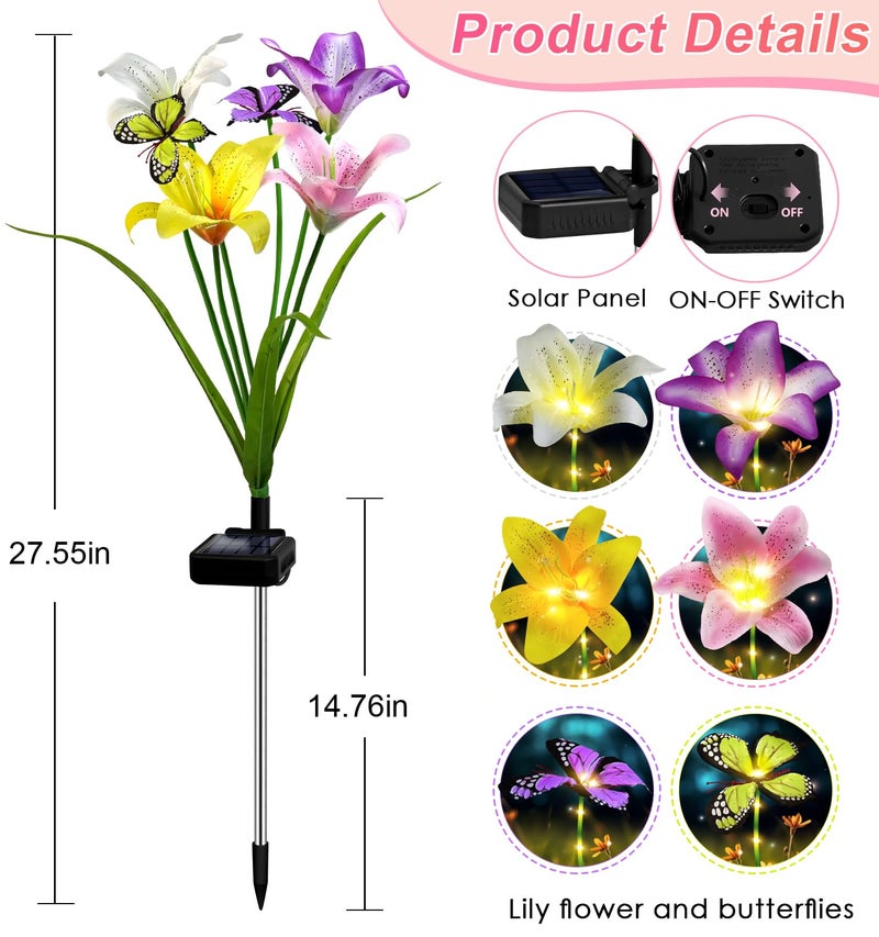 ostritec Solar Garden Lights Outdoor, 4 Pack Flower Lights for Outside, 16 Solar Lilies with Butterflies, Waterproof Garden Decor for Yard, Patio, Gifts for Women Mom (4 pcs Lilies) - Image 5
