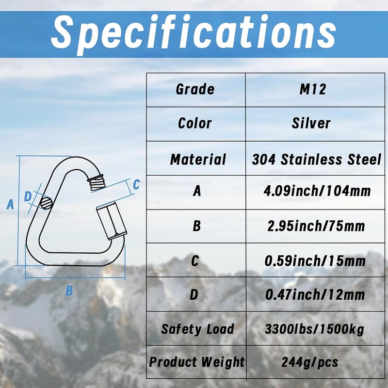 Anvin 1 Pack Large Quick Links M12 4.1Inch Heavy Duty Carabiner Stainless Steel Chain Links Connector Triangle Locking Chain Hooks Screw Links for Camping Outdoor Equipment Hammocks, 3300 Lbs Capacity - Image 5