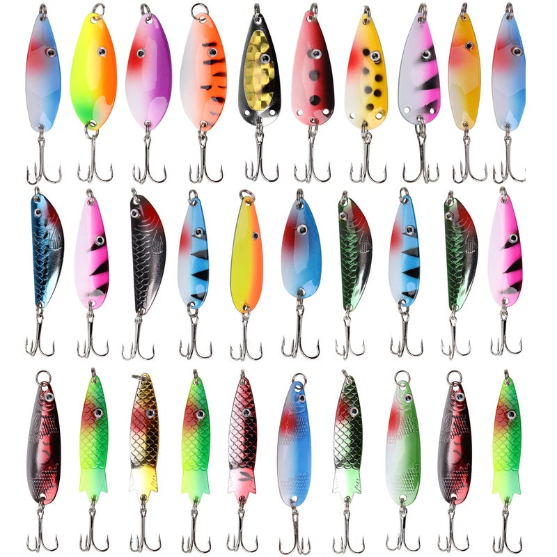 Shaddock Fishing ملاعق صيد شادوك المعدنية، 30 قطعة طعم ملون لصيد الأسماك، طعم صيد السلمون، طعم صيد الأسماك مع خطافات ثلاثية حادة، مجموعة أدوات الصيد - Image 1