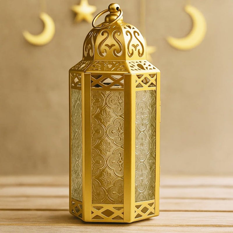 VELA LANTERNS Gold Moroccan Candle Lantern Decorative Candle Holder Lamp for Indoor Outdoor Ramadan Home Decor Patio Weddings Clear Glass Medium Lantern
