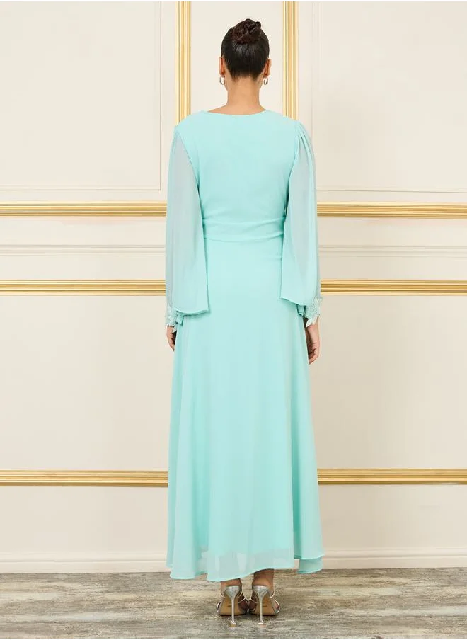 Styli Embellished Bell Sleeves A-Line Maxi Dress