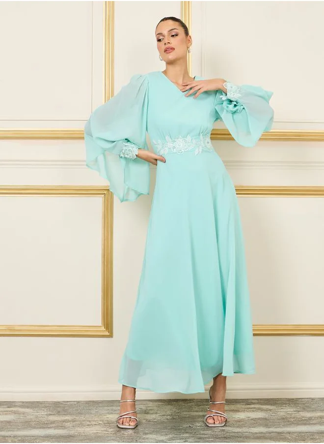 Styli Embellished Bell Sleeves A-Line Maxi Dress