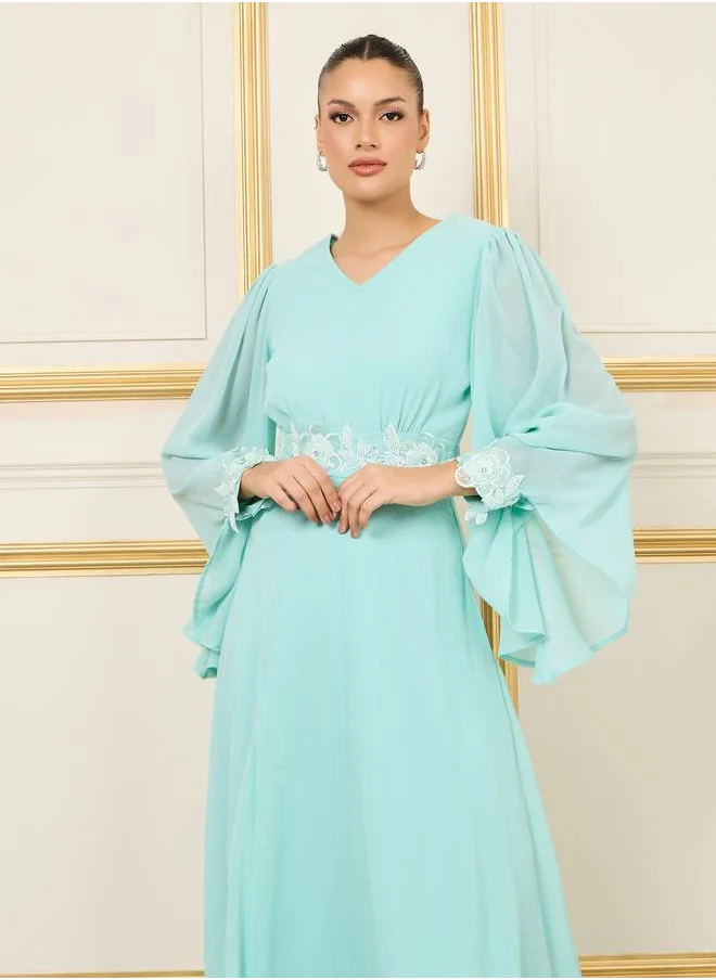 Styli Embellished Bell Sleeves A-Line Maxi Dress