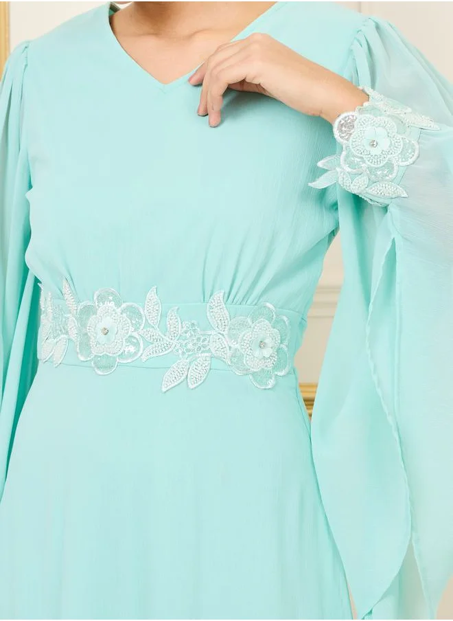 Styli Embellished Bell Sleeves A-Line Maxi Dress