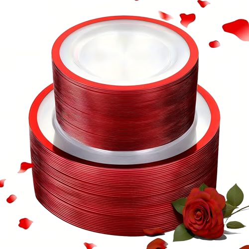 U-QE UQE 120PCS Red Plastic Plates for Party Valentines Plates Disposable Heavy Duty Fancy Disposable Plates Include 60 10 Dinner and 60 7 Dessert Platos for Party Valentines Day Special Moments - Image 2