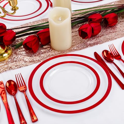 U-QE UQE 120PCS Red Plastic Plates for Party Valentines Plates Disposable Heavy Duty Fancy Disposable Plates Include 60 10 Dinner and 60 7 Dessert Platos for Party Valentines Day Special Moments - Image 5