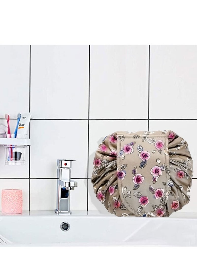 MARGOUN Makeup Bag Drawstring Travel Cosmetic Bag Round Magic Toiletry Beauty Kit Pouch Floral Print - Image 5