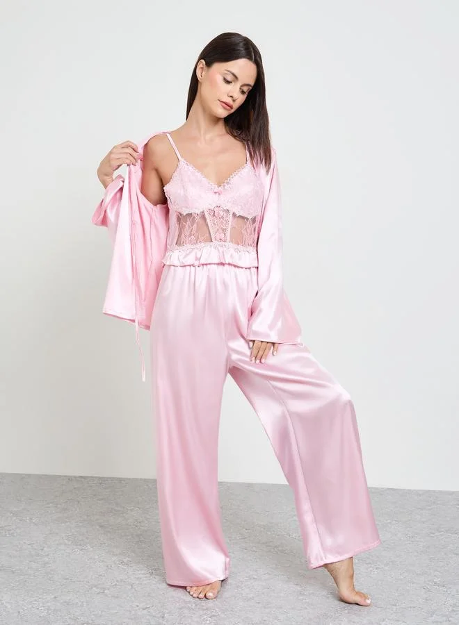 تايك تو Pink Pack Of 3 - Satin Lace Cami, Robe And Pyjama Set