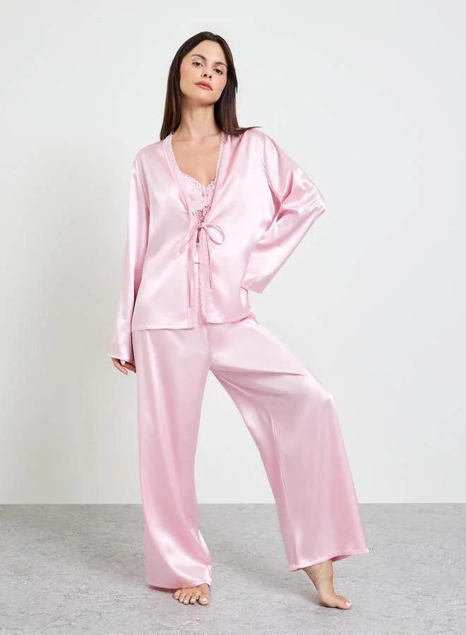 تايك تو Pink Pack Of 3 - Satin Lace Cami, Robe And Pyjama Set