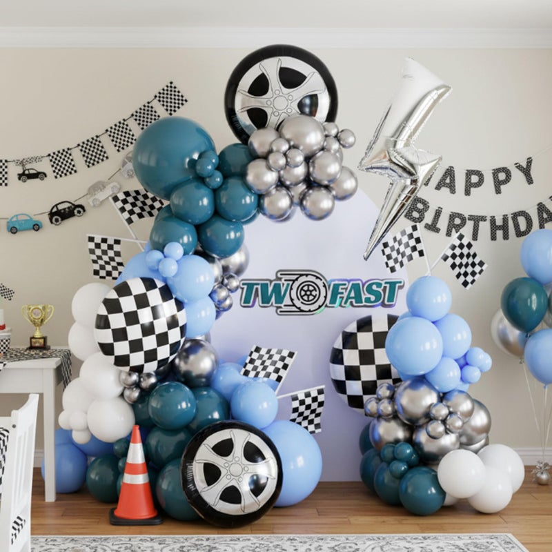 Ceeulvu Blue Race Car Balloon Arch Kit with LightningTireCheckered Balloons Blue Silver Racing Party Decorations for 2nd Boy Birthday Fast One or Two Fast Party Theme - Image 3