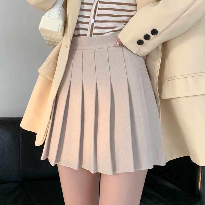 Khaki Pleated Skirt Womens 2024 Autumn and Winter New Arrival Skirt High Waist Slimming A- Line Skirt All-Match Woolen Skirt Black wool
