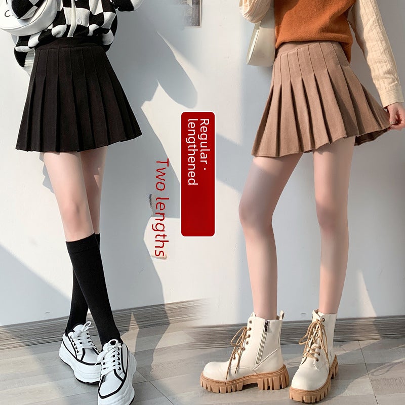 Khaki Pleated Skirt Womens 2024 Autumn and Winter New Arrival Skirt High Waist Slimming A- Line Skirt All-Match Woolen Skirt Black wool
