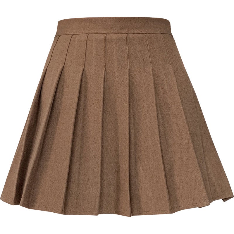 Khaki Pleated Skirt Womens 2024 Autumn and Winter New Arrival Skirt High Waist Slimming A- Line Skirt All-Match Woolen Skirt Black wool