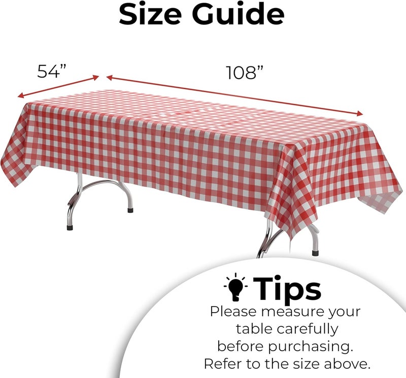 Exquisite Picnic Table Cover - 6 Pack Premium Rectangle Plastic Tablecloth - Red & White Checkered BBQ Plastic Table Cover - Gingham Checkerboard Disposable Plastic Tablecloth 54" x 108" Rectangle - Image 2