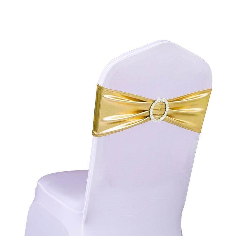 SINSSOWL SINSSOWL Spandex Metallic Gold Chair Sashes 100 Pack for Wedding Stretch Chairs Bows Bands with Buckle for Party Birthday Bridal Shower Engagement Christmas Events Decor Bronzing Gold 