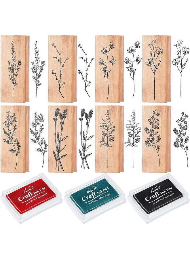 Tenare 8 Pieces Vintage Wooden Rubber Stamps Wooden Plant Stamps Set Decorative Rubber Stamps With 3 Colors Stamp Ink Pad For Diy Craft Card Making And Letters Diary (Flowers And Plants Style) - Image 1