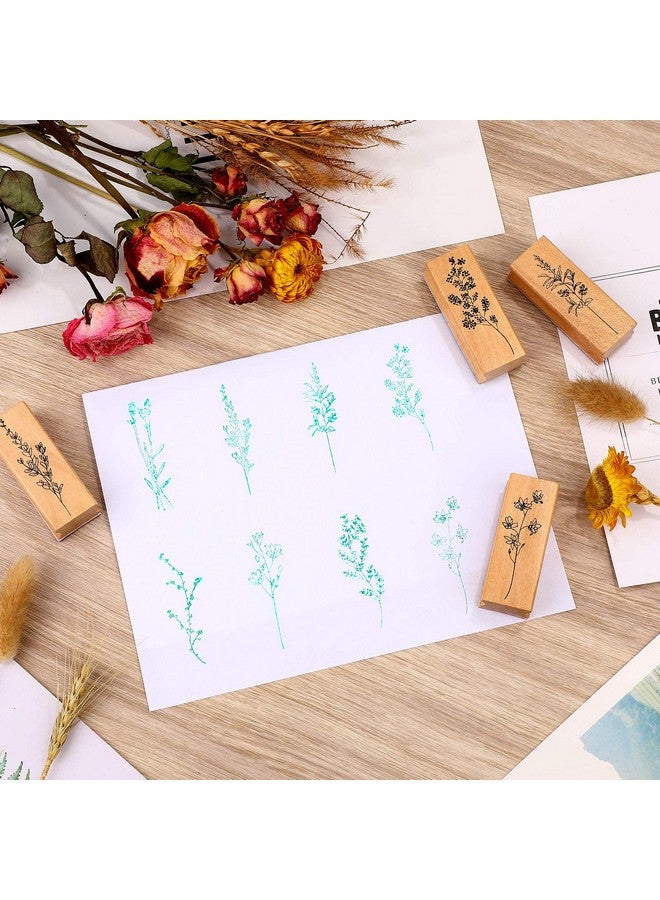 Tenare 8 Pieces Vintage Wooden Rubber Stamps Wooden Plant Stamps Set Decorative Rubber Stamps With 3 Colors Stamp Ink Pad For Diy Craft Card Making And Letters Diary (Flowers And Plants Style) - Image 3