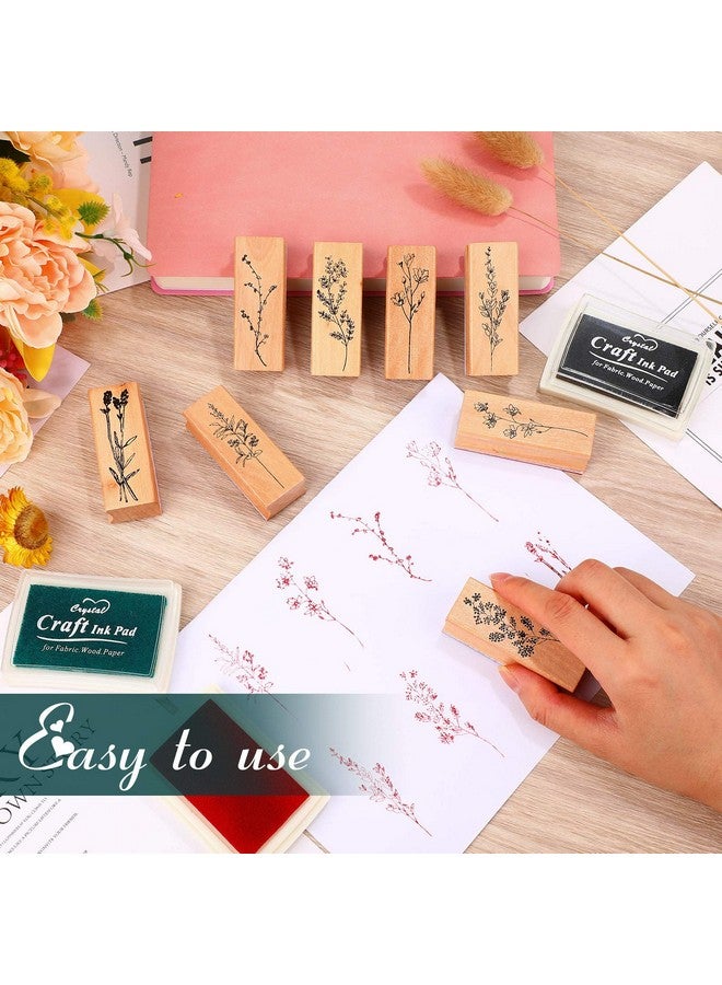 Tenare 8 Pieces Vintage Wooden Rubber Stamps Wooden Plant Stamps Set Decorative Rubber Stamps With 3 Colors Stamp Ink Pad For Diy Craft Card Making And Letters Diary (Flowers And Plants Style) - Image 4