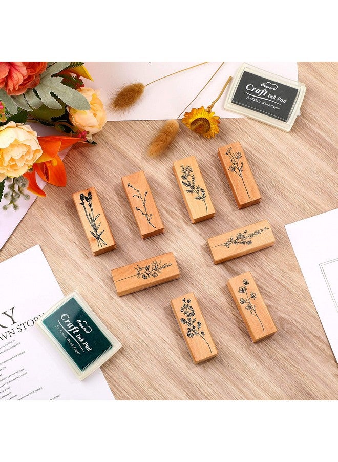 Tenare 8 Pieces Vintage Wooden Rubber Stamps Wooden Plant Stamps Set Decorative Rubber Stamps With 3 Colors Stamp Ink Pad For Diy Craft Card Making And Letters Diary (Flowers And Plants Style) - Image 5