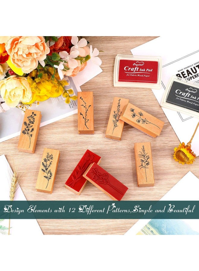 Tenare 8 Pieces Vintage Wooden Rubber Stamps Wooden Plant Stamps Set Decorative Rubber Stamps With 3 Colors Stamp Ink Pad For Diy Craft Card Making And Letters Diary (Flowers And Plants Style) - Image 2