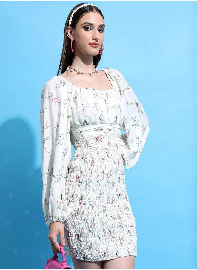 Tokyo Talkies Tokyo Talkies All-Over Floral Print Bodycon Mini Dress with Smocked Detail