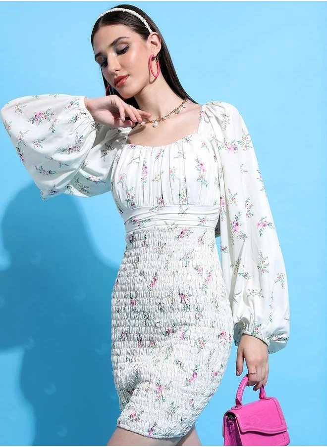 طوكيو توكيز All-Over Floral Print Bodycon Mini Dress with Smocked Detail by Styli