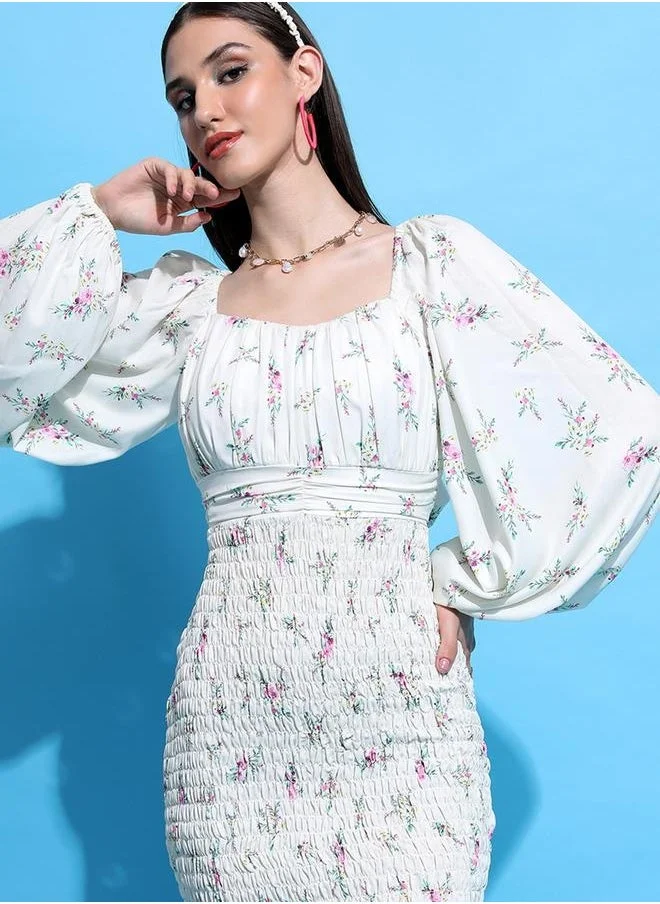 طوكيو توكيز All-Over Floral Print Bodycon Mini Dress with Smocked Detail by Styli