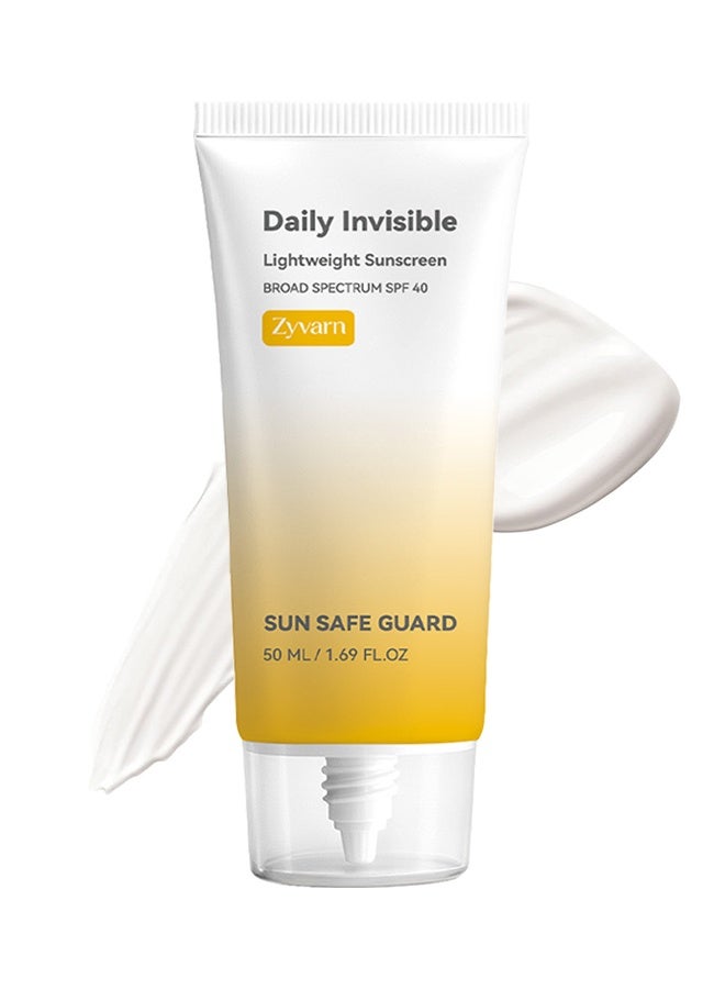 زيفارن واقي شمس يومي خفيف وشفاف بعامل حماية واسع الطيف SPF 40، واقي شمس للوجه شفاف، واقٍ غير مرئي للوجه، أساس مكياج، كريم واقي خفيف للوجه يوميًا، خالٍ من الزيوت، خفيف وسريع الامتصاص، مقاوم للماء والعرق، حماية يومية من الشمس، 50 مل - Image 1